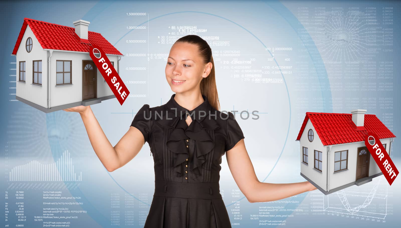 Businesswoman holding two house with tags for sale and rent by cherezoff