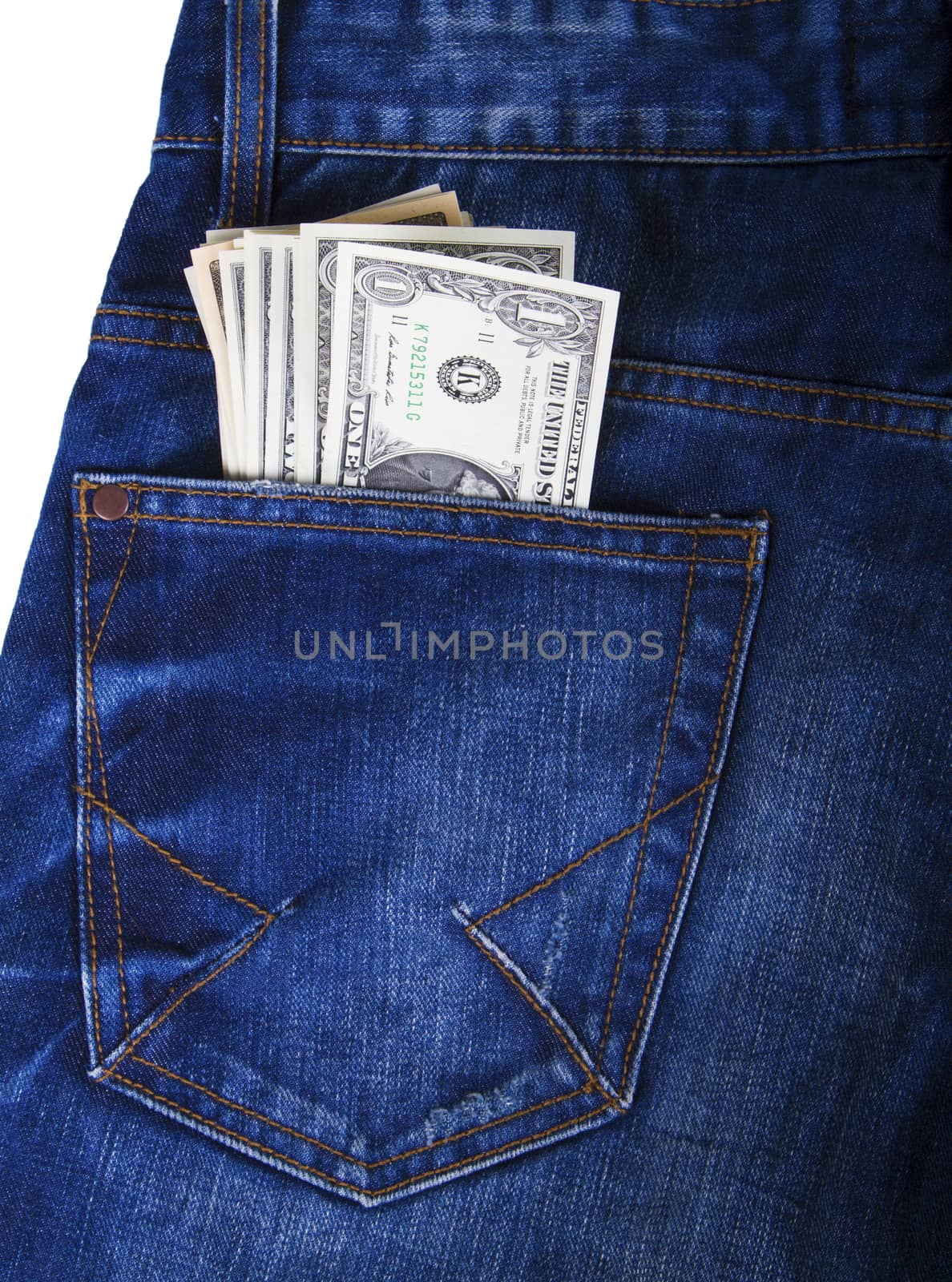 Dollar bill sticking out from a blue jean pocket