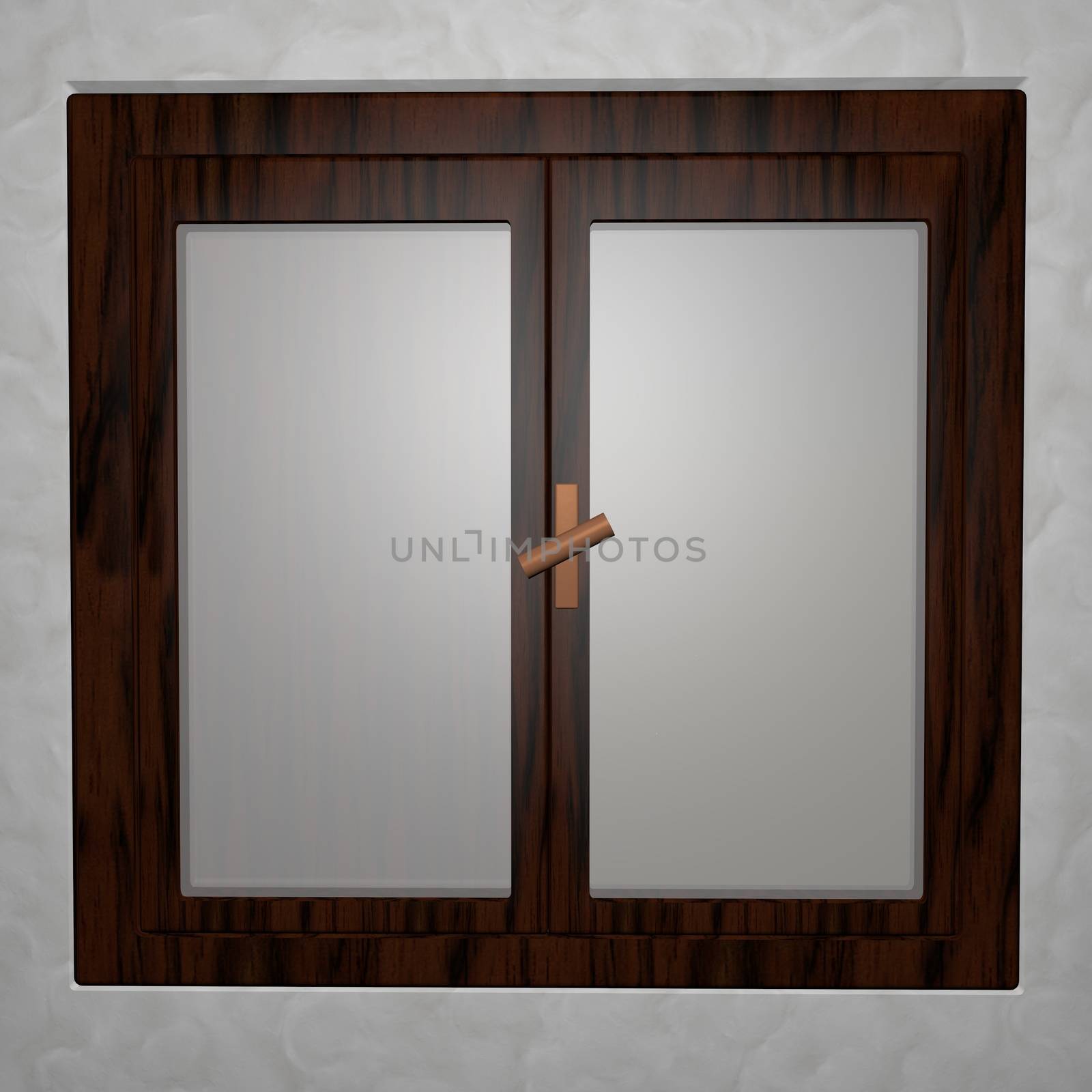 Closed window with wooden fixtures, 3D render