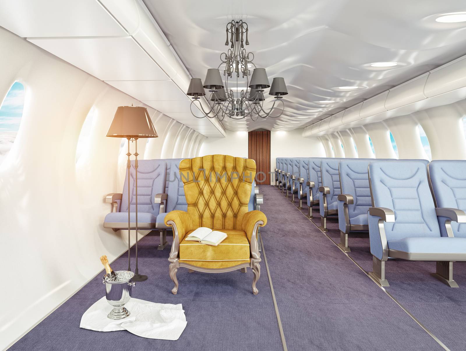  luxury armchair in airplane cabin. 3d creativity concept