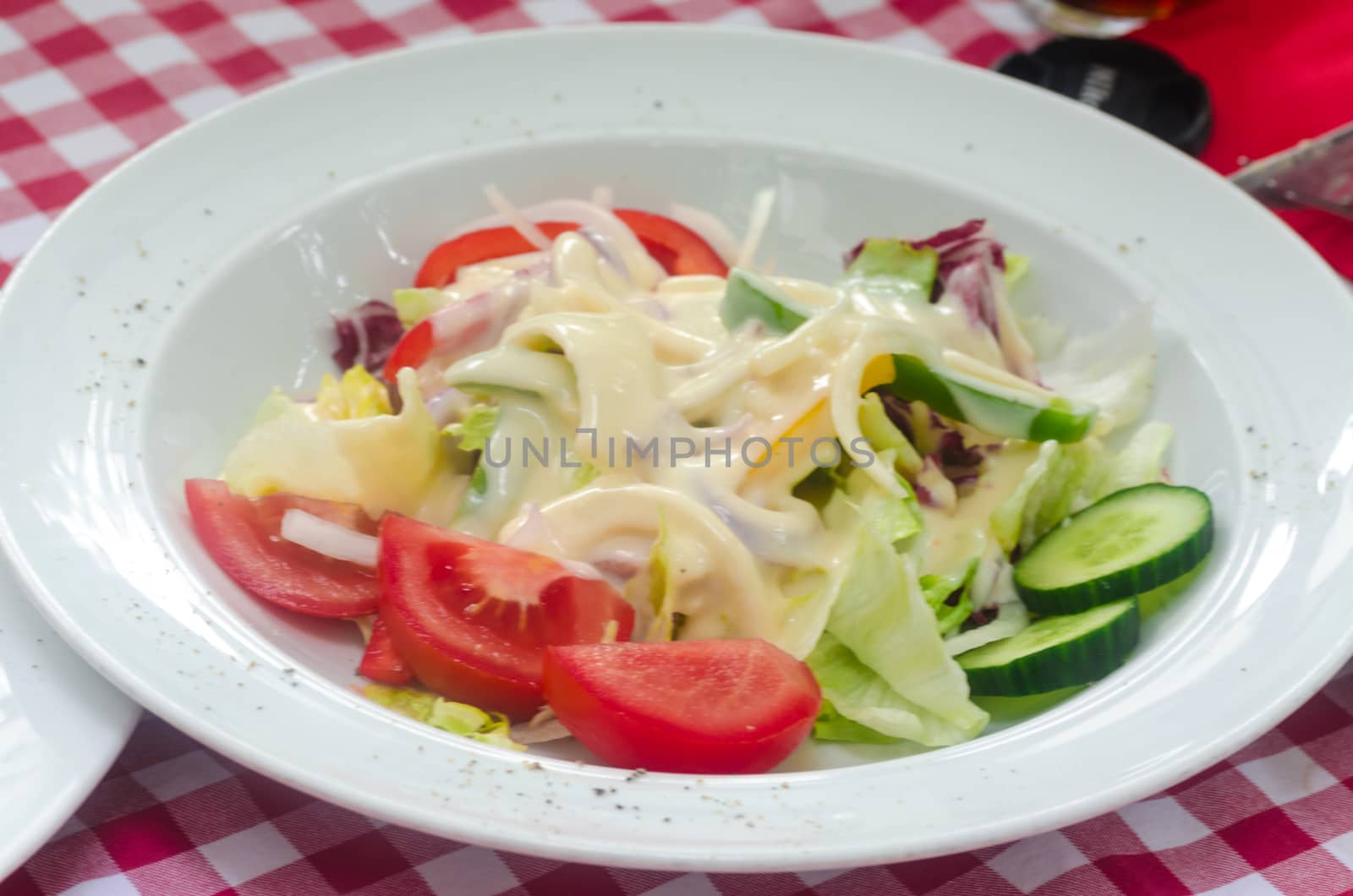 Fresh salad with tomatoes, cucumber, iceberg lettuce on a white plate.