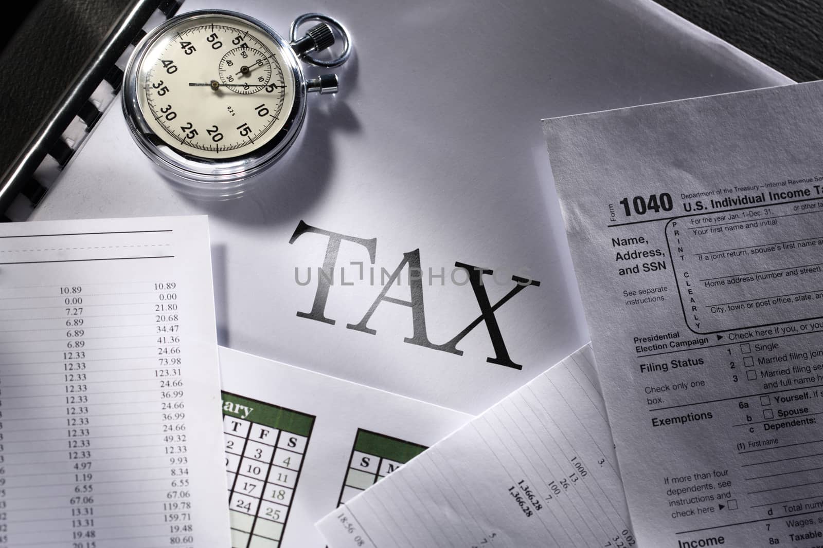 Operating budget, calendar, stopwatch and tax