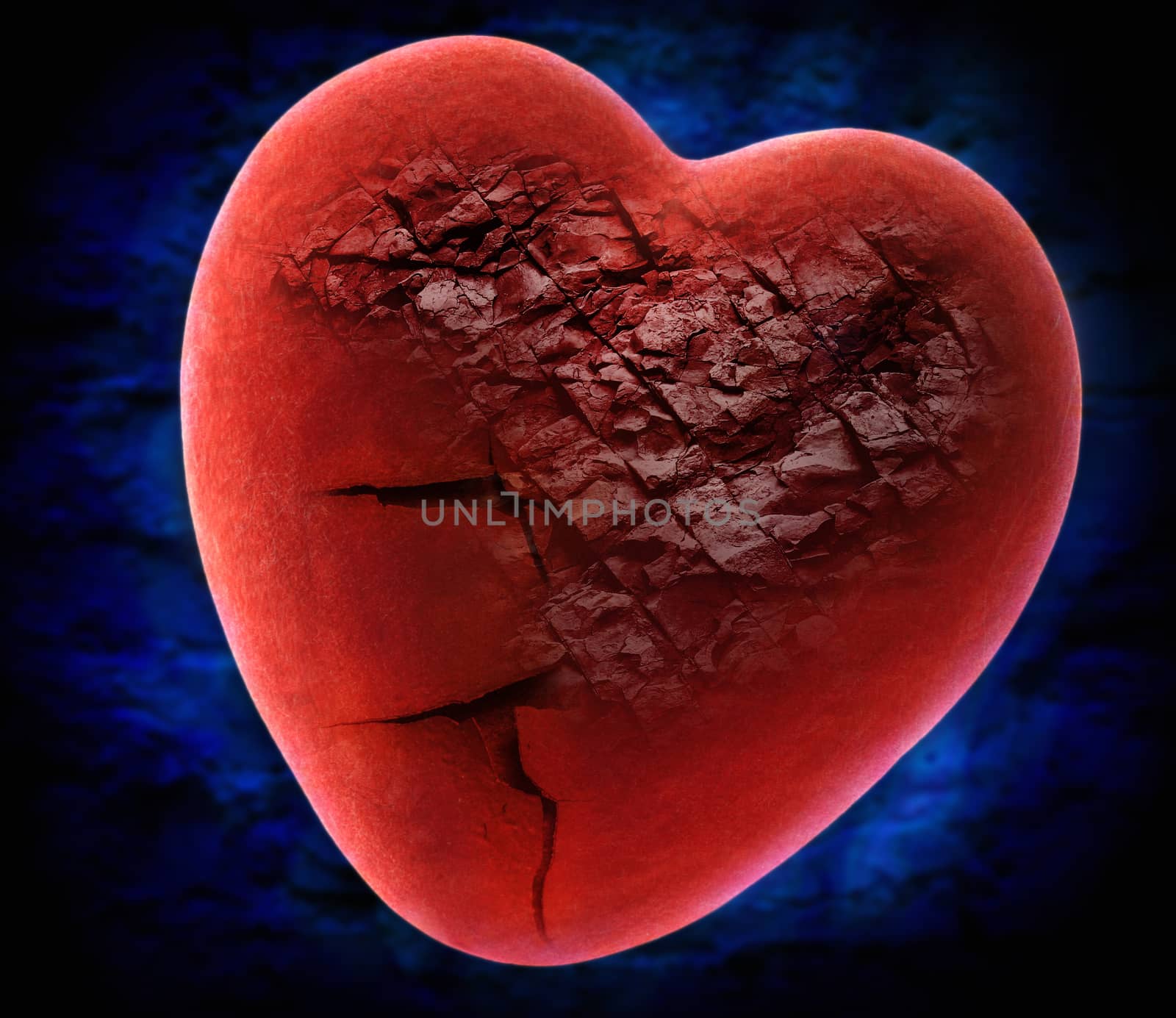 Red broken stone heart on blue