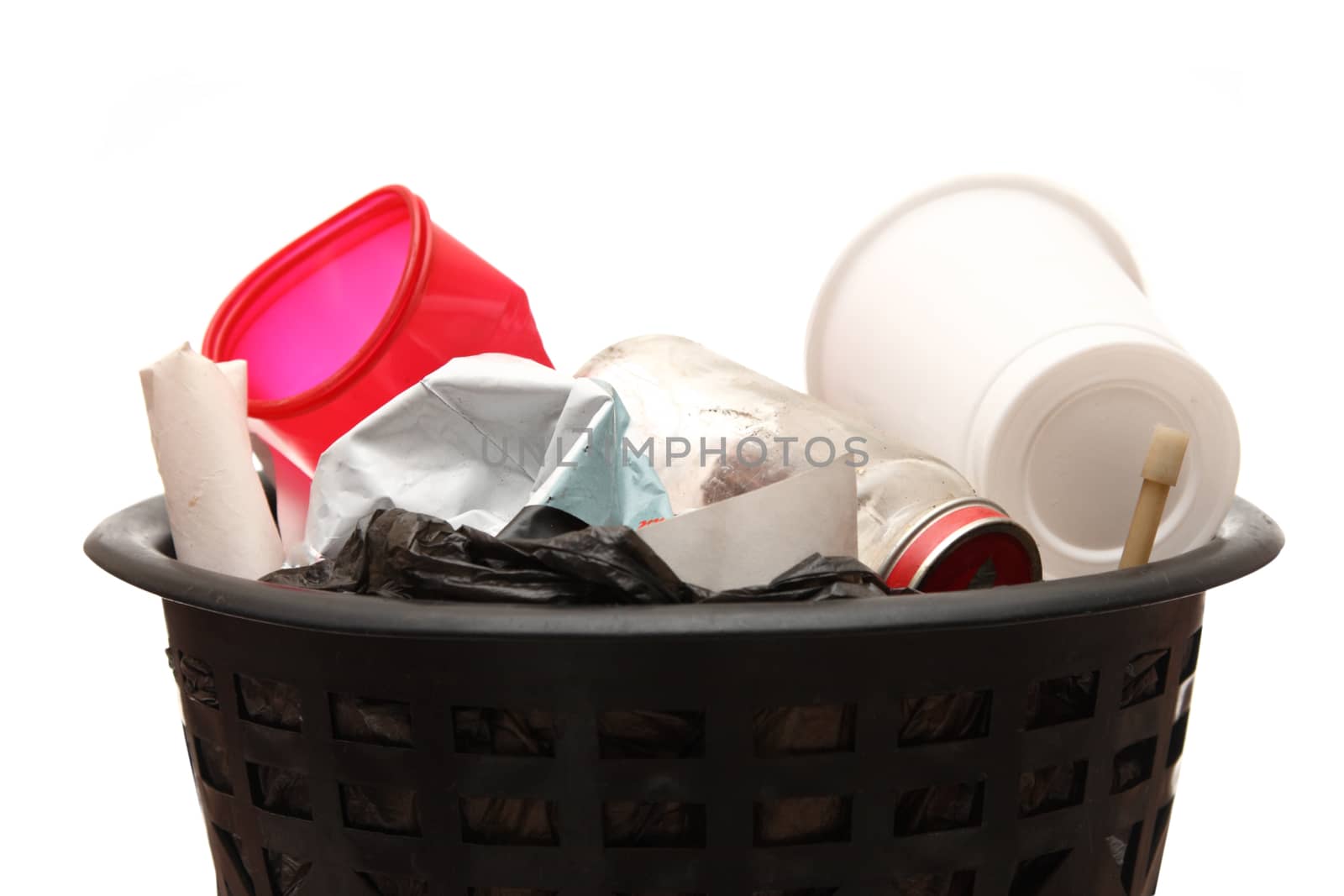 Full black wastebasket on white