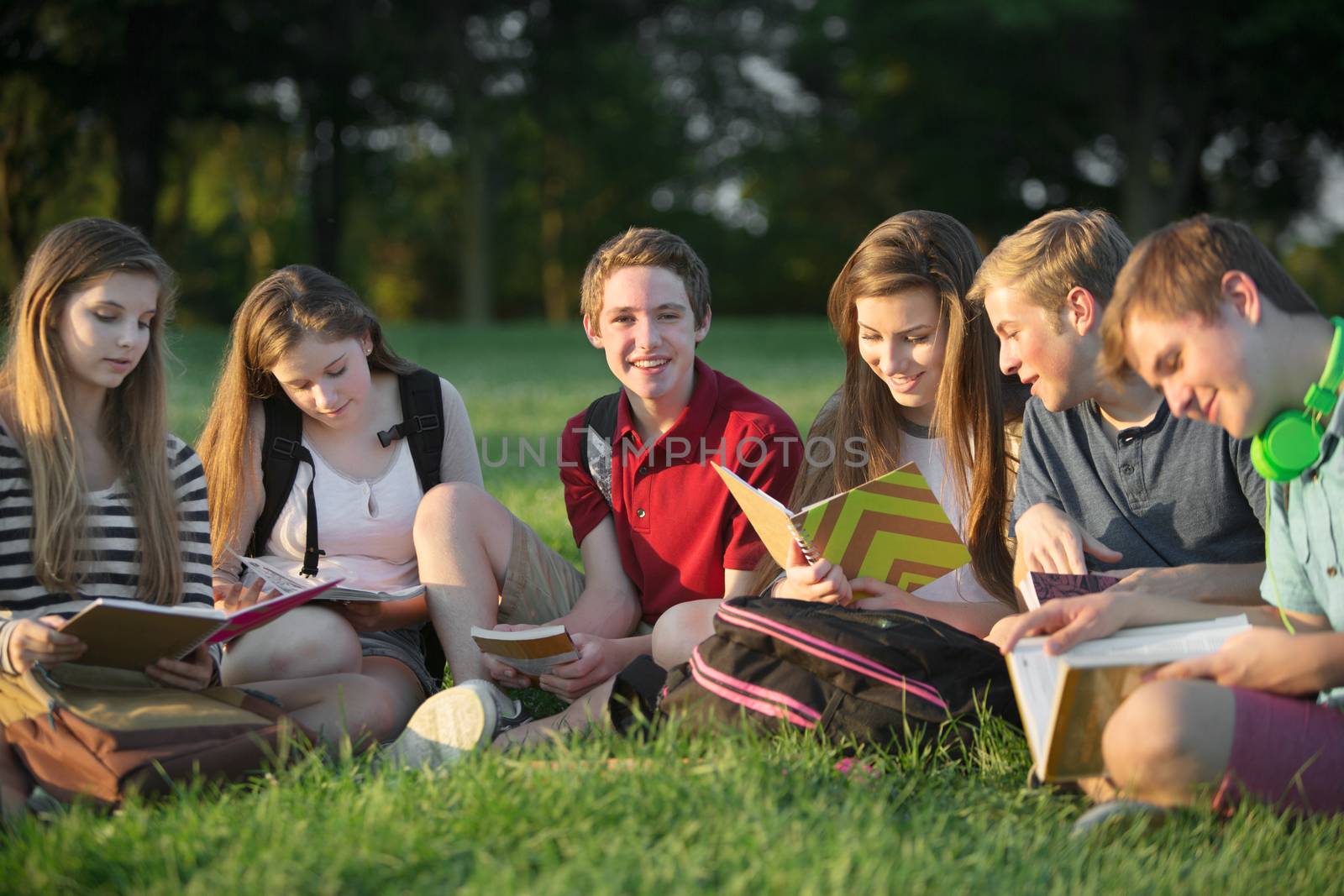 Group of six Caucasian teen students doing homework