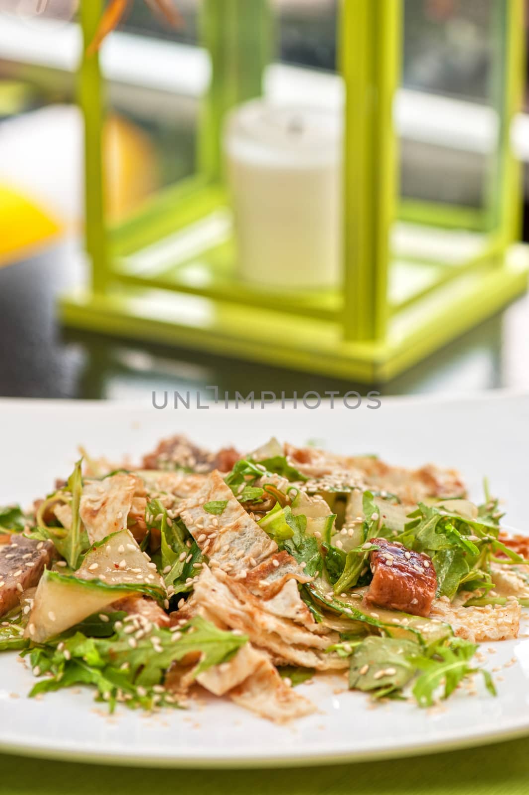 Salad with smoked eel. Japanese food