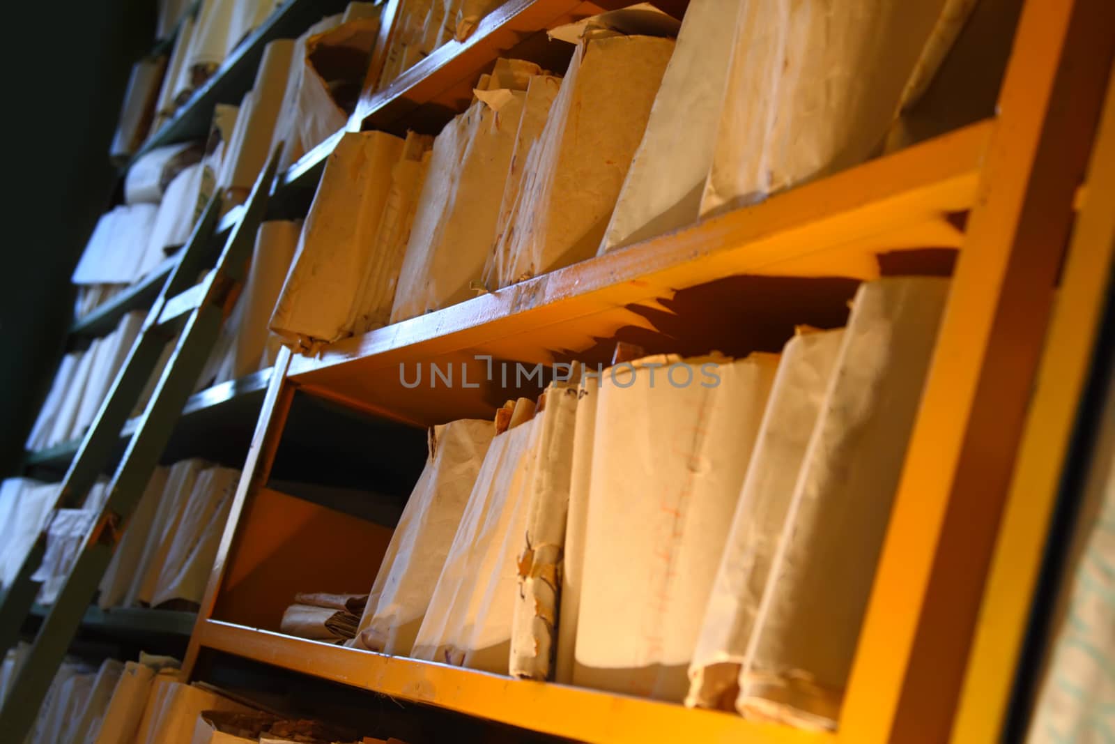 Shelves with paper document in archive