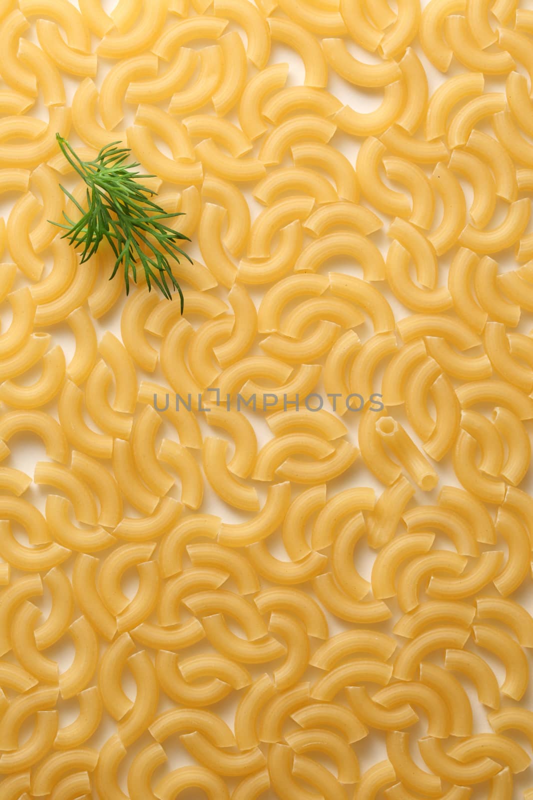 Short ribbed pasta tubes background with dill