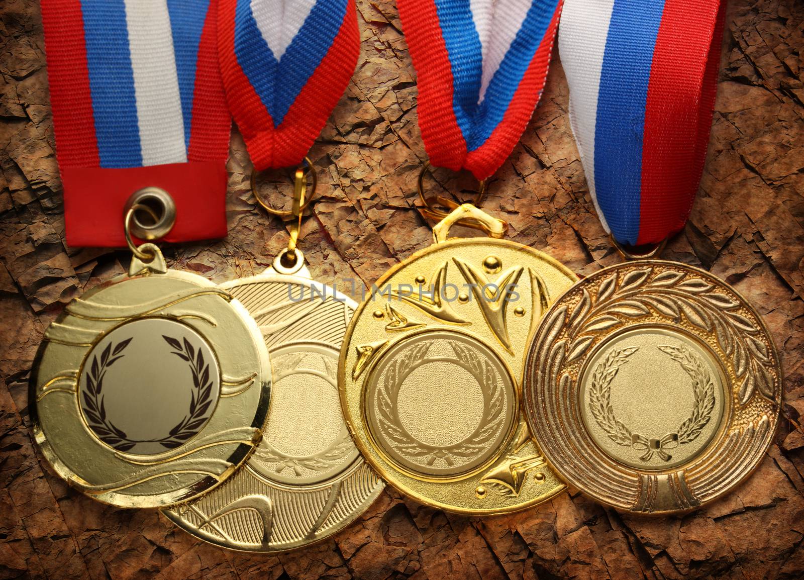 Metal medals with tricolor ribbon