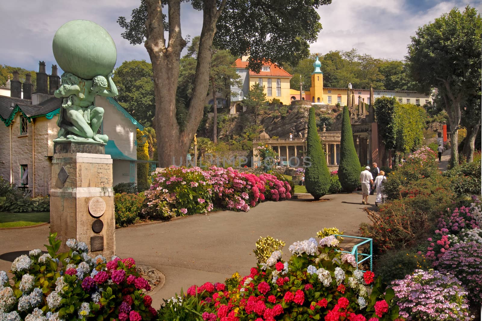 The Atlas statue has a prominent location on the main thoroughfare in the village of Portmeirion in Wales.