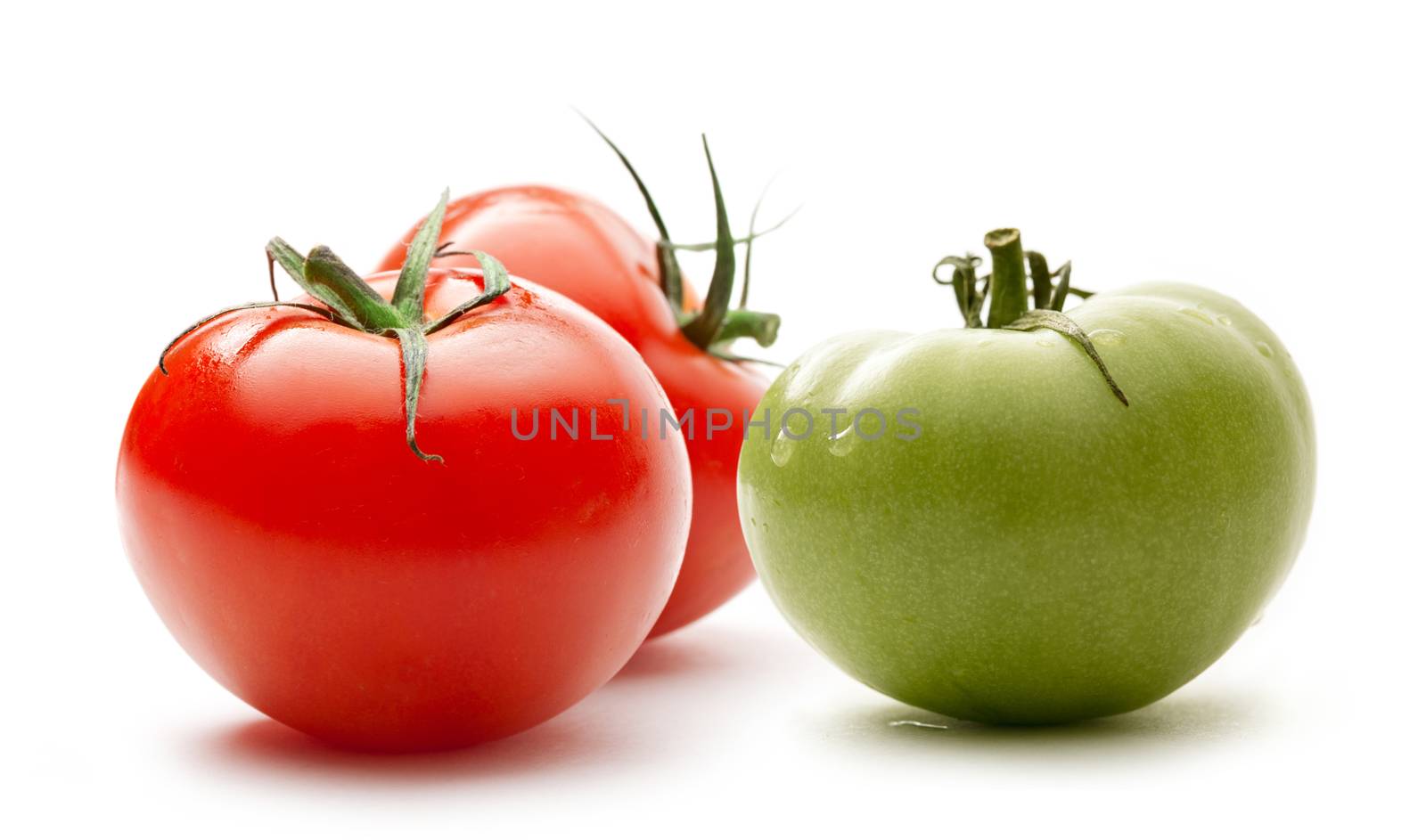 Red and green tomatoes on white background