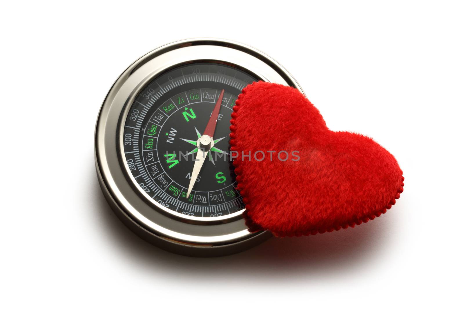 Compass and red heart on white