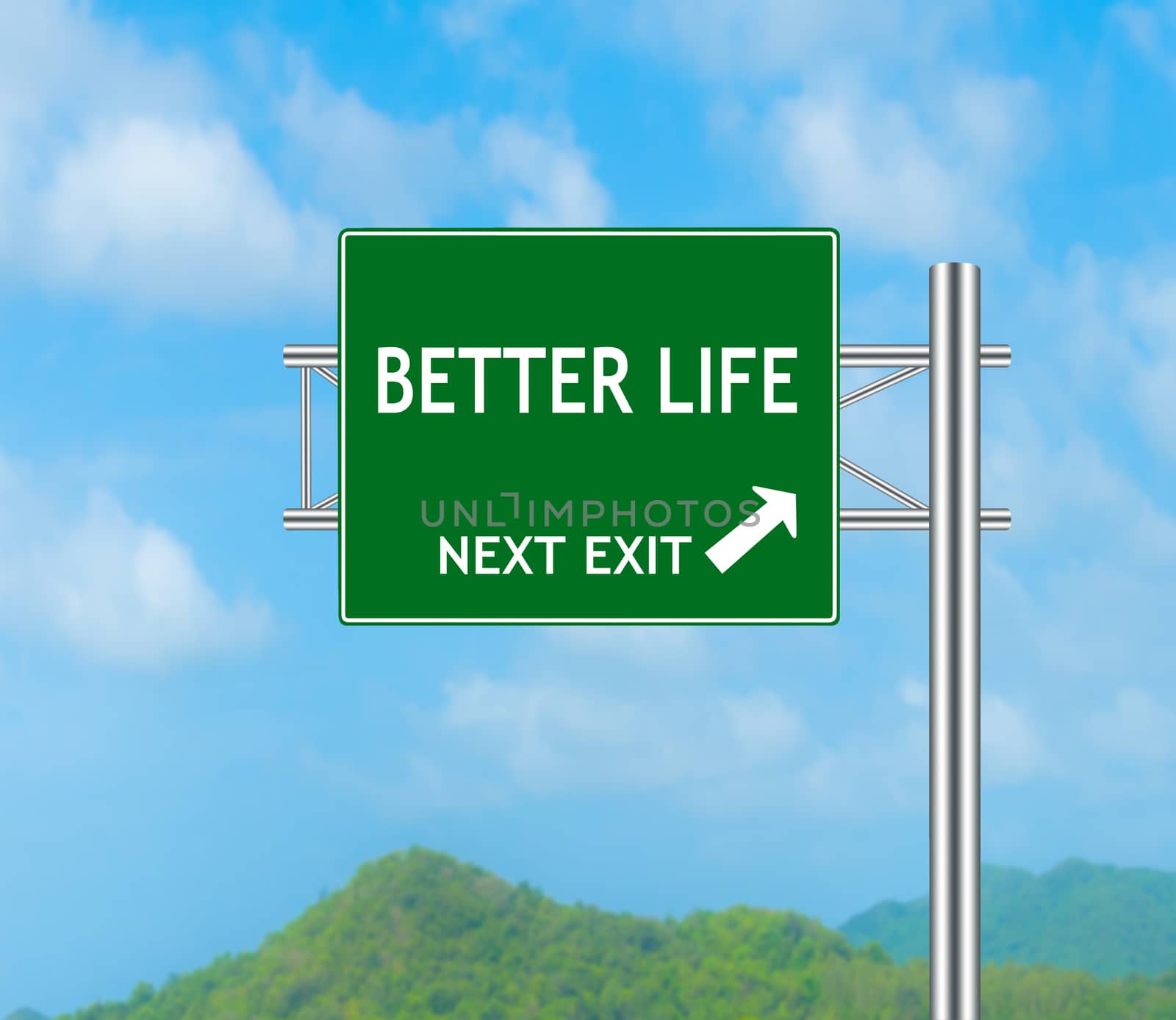 Road Sign concept to BETTER LIFE and Sky background.