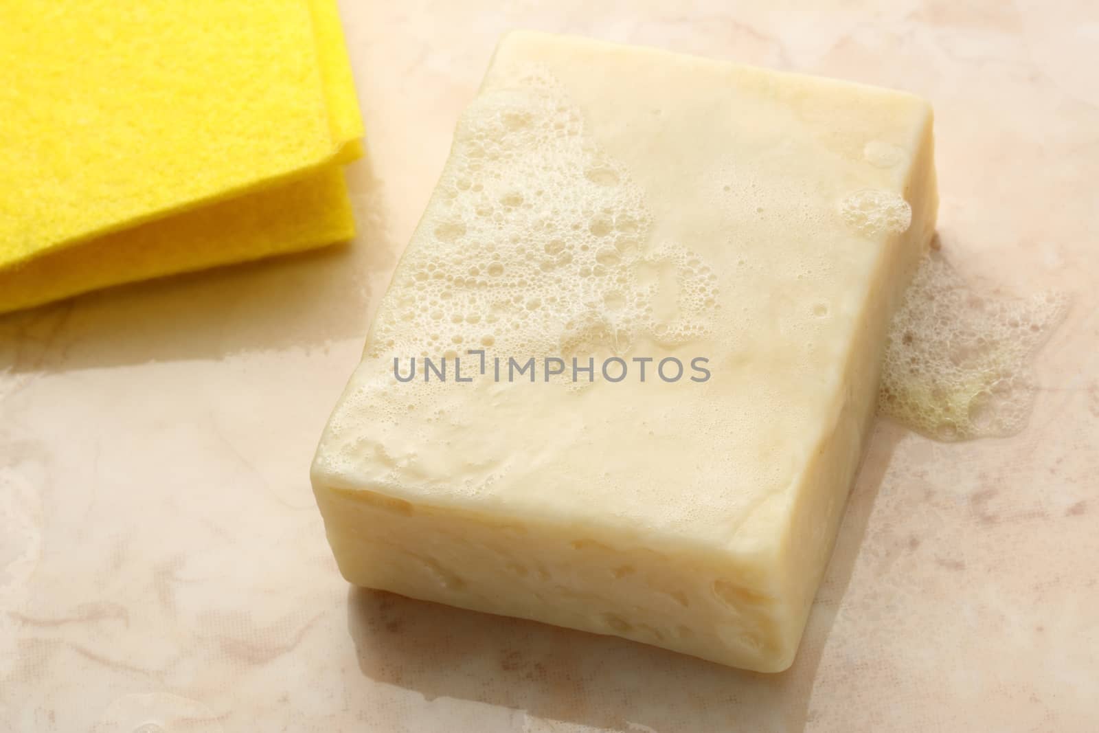 Bar of soap and duster on tile