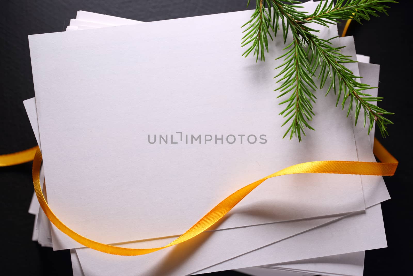 Stack of paper cards and twig of evergreen fir