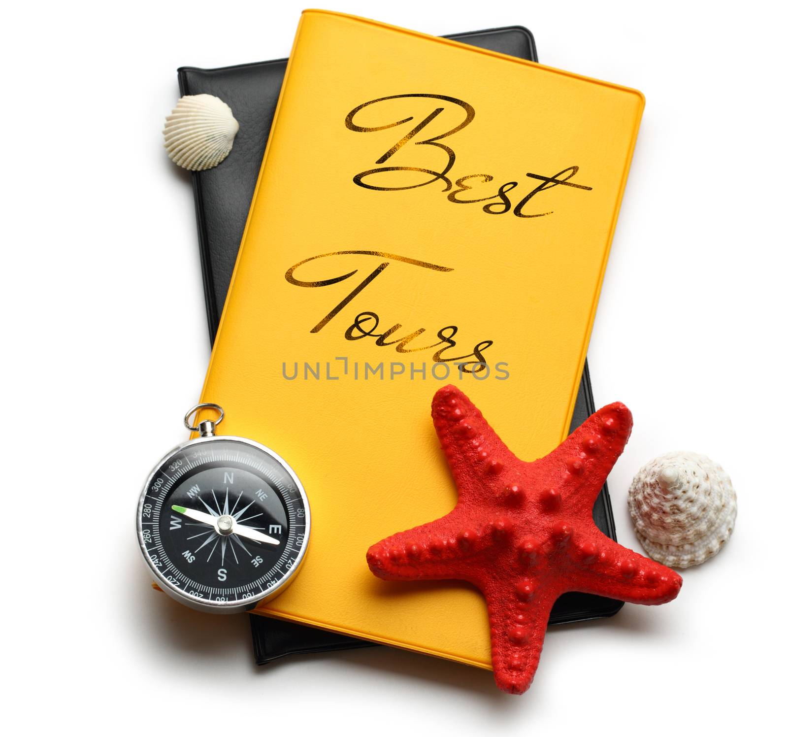 Compass, seastar and seashells on best tour brochure