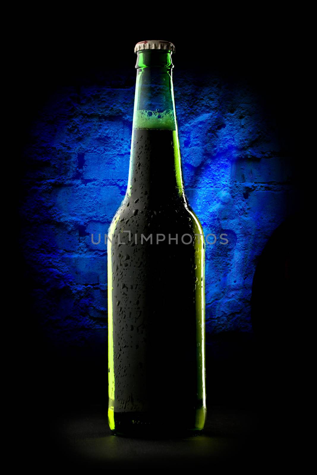 Bottle of beer on wall background