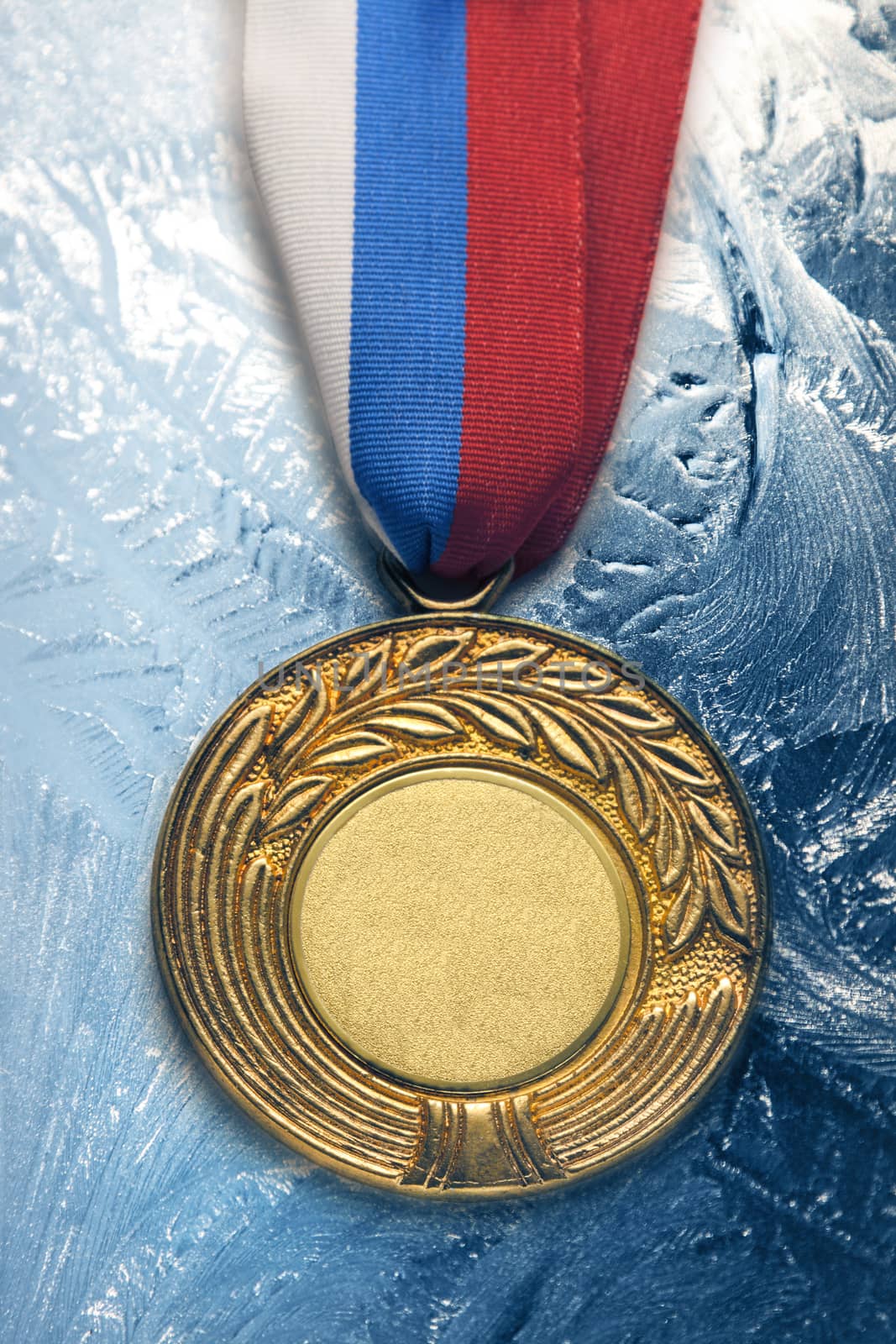 Metal medal on frozen background