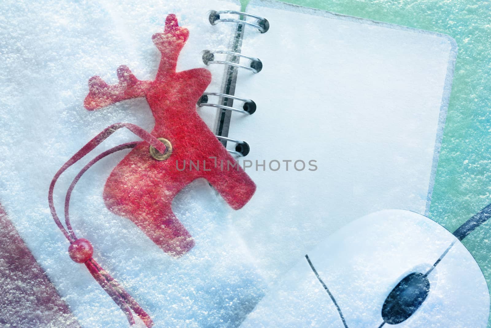 Santa sock with blank notebook and reindeer