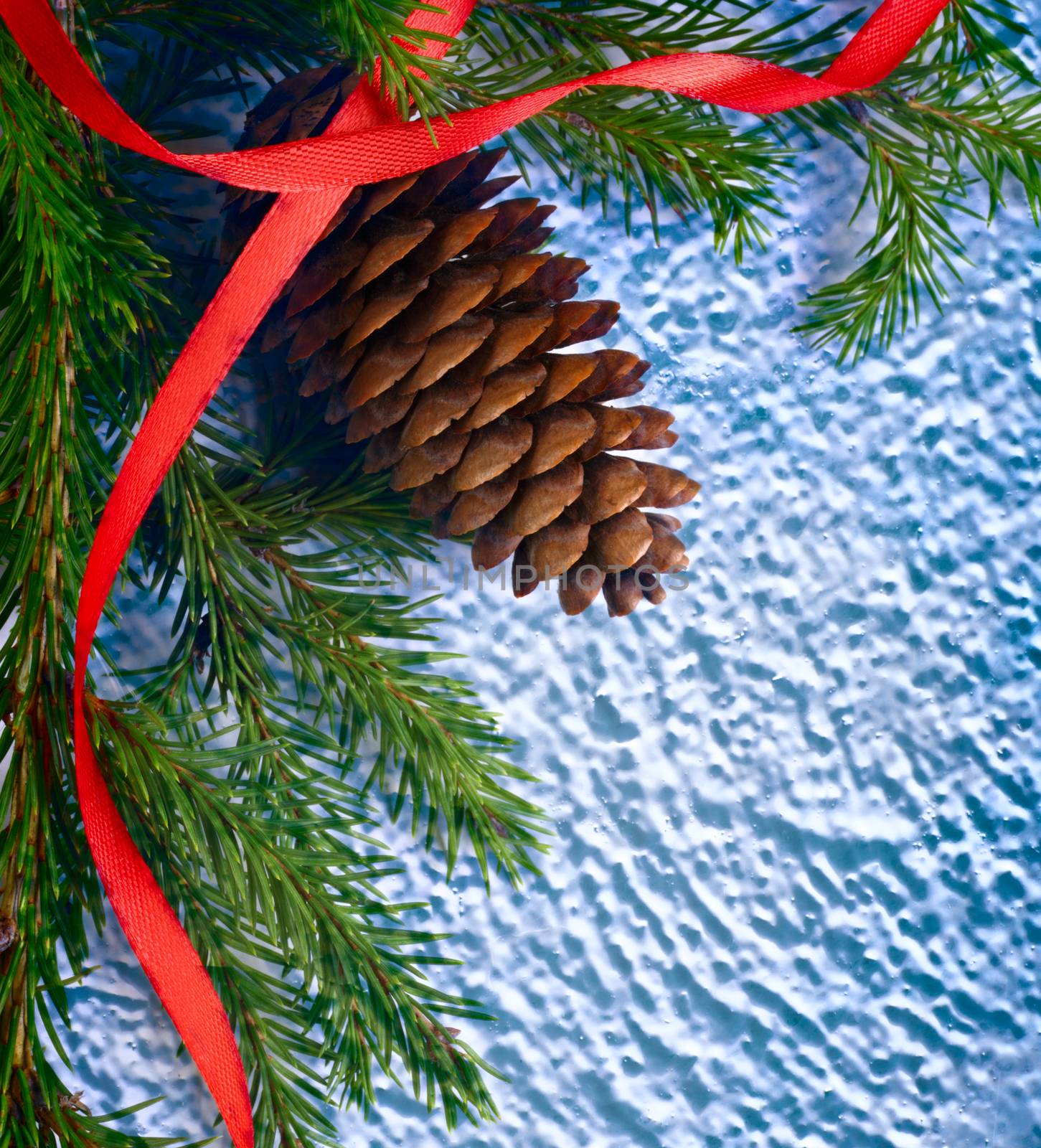 Background with fir and cone on blue snow