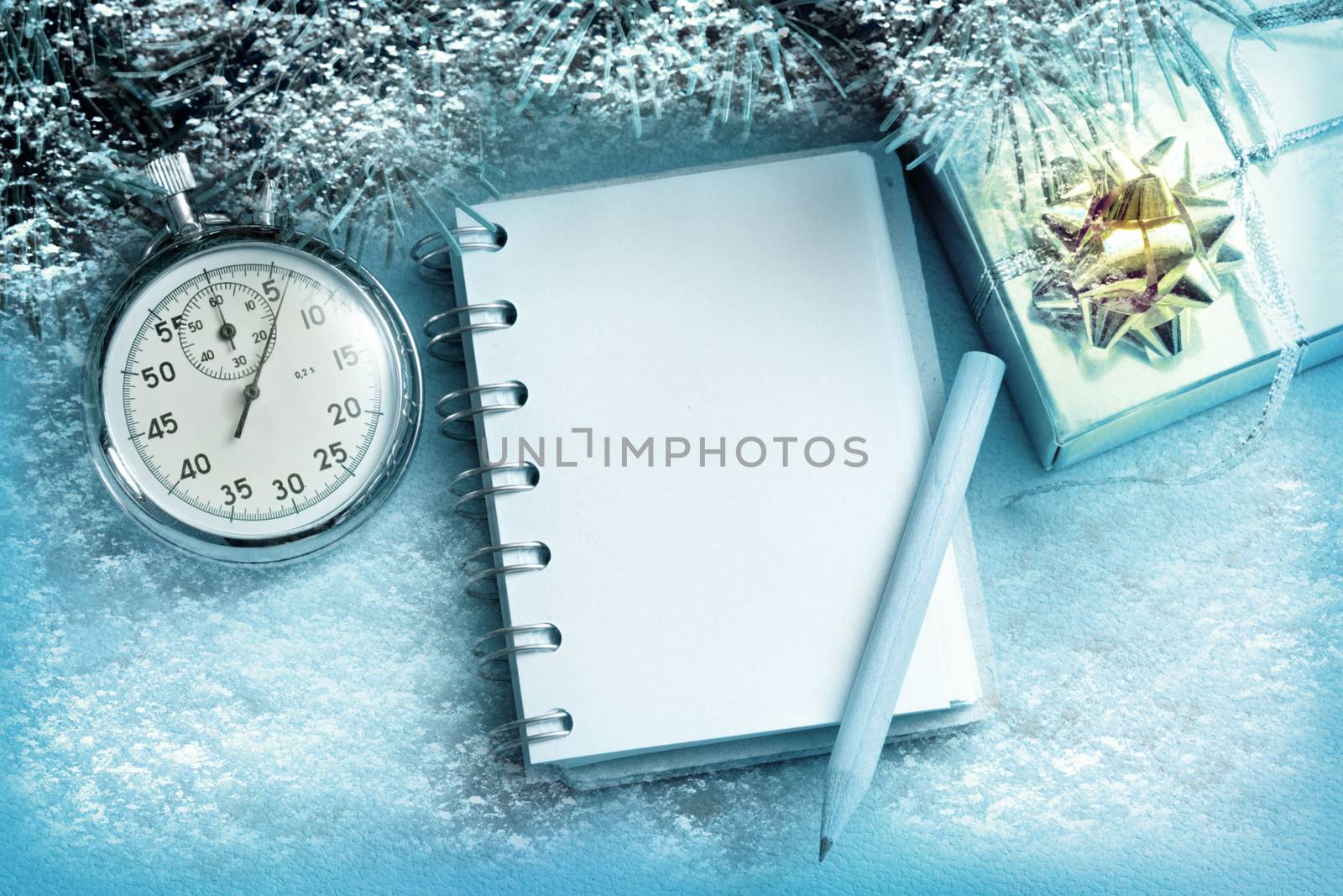 Christmas tree, stopwatch, gift and notepad