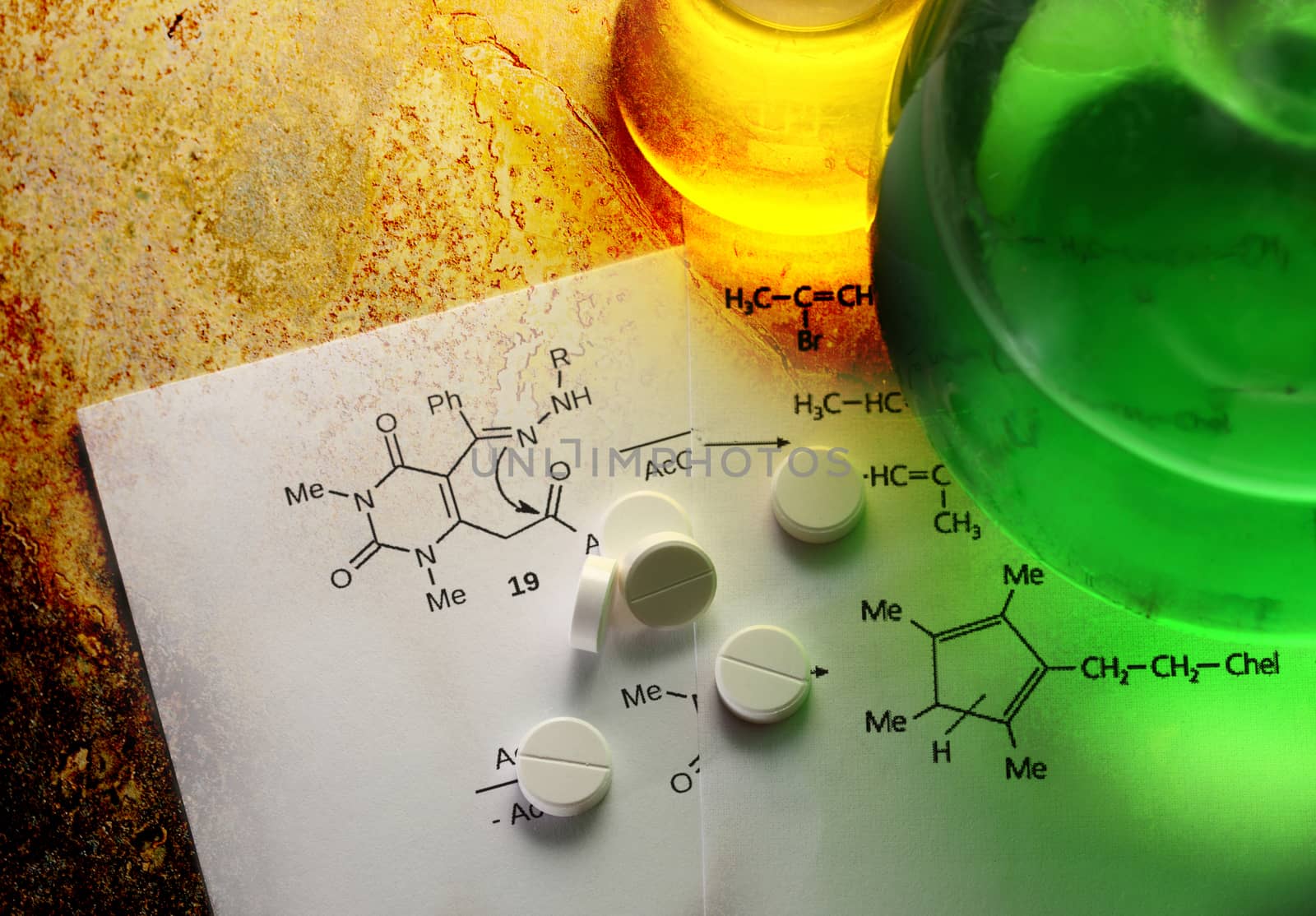 Chemistry reaction formula with white pills