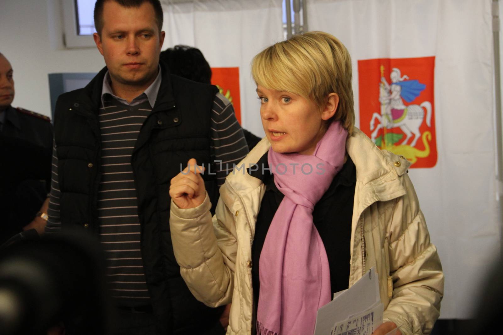 Khimki, Moscow region, Russia - October 14, 2012. Candidate for mayor of Khimki opposition leader Yevgeniya Chirikova during a visit to one of the polling stations. On election day in the suburban town of Khimki broke sharp competition between the candidate of the Kremlin Oleg Shahov and representative opposition Yevgenia Chirikova