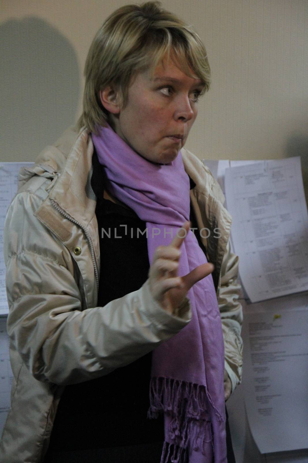 Khimki, Moscow region, Russia - October 14, 2012. Candidate for mayor of Khimki opposition Evgeniya Chirikova says journalists about electoral violations. On election day in the suburban town of Khimki broke sharp competition between the candidate of the Kremlin Oleg Shahov and representative opposition Yevgenia Chirikova