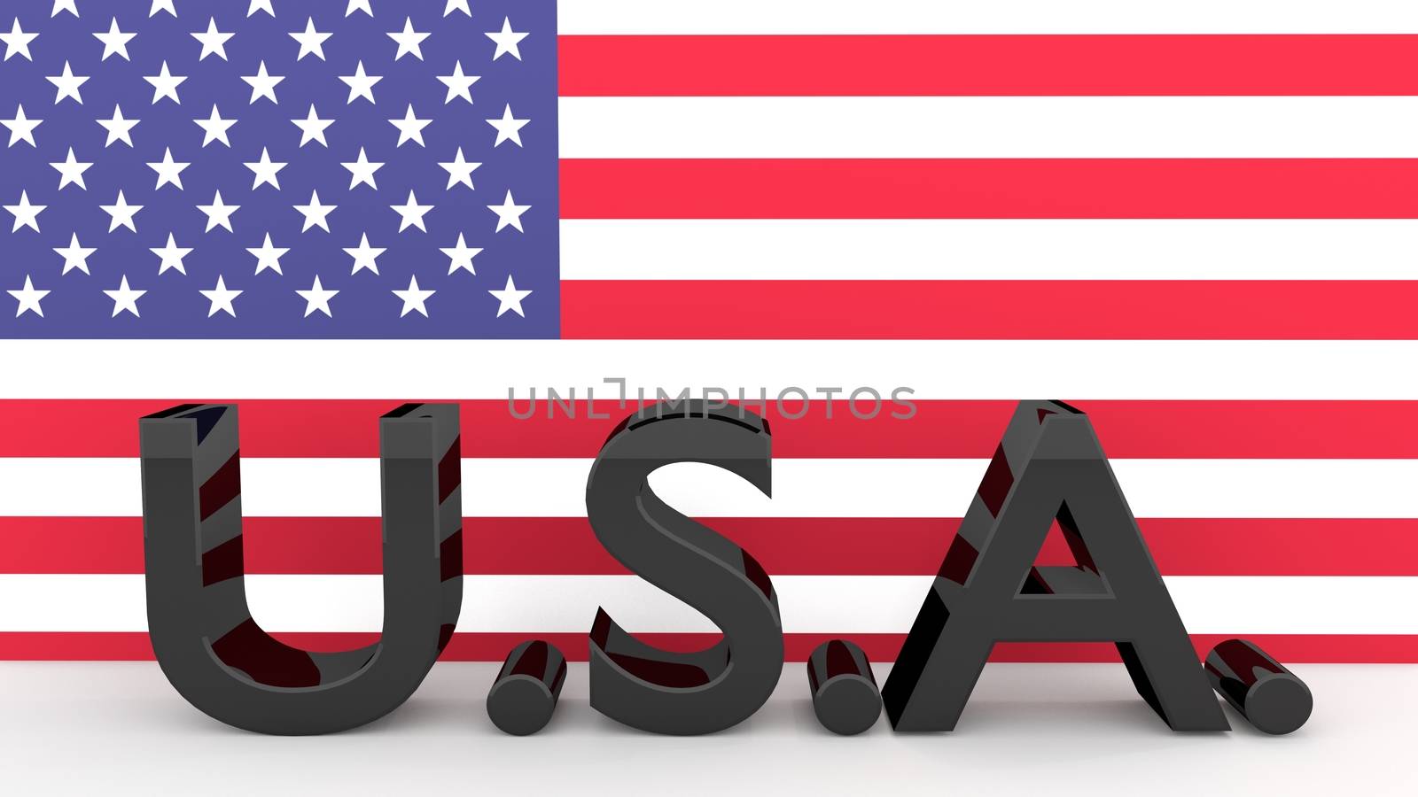 Letters USA made of dark metal in front on an American Flag