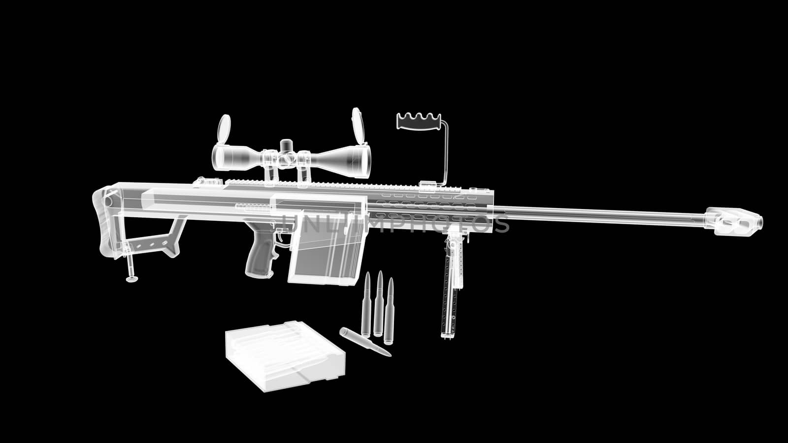 3D render of the gun model in X-rays isolated on black background