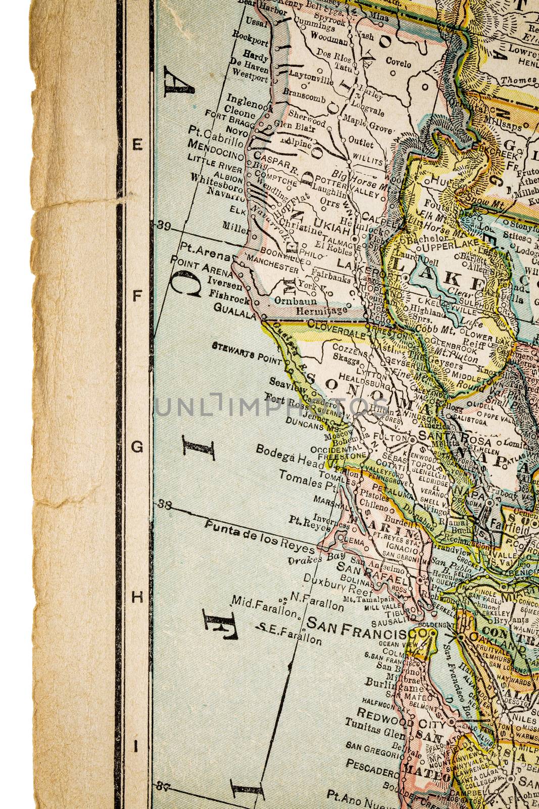 north California and San Francisco  on vintage 1920s map with rough worn out edge (printed in 1926 in New International Atlas of the World - copyrights expired)