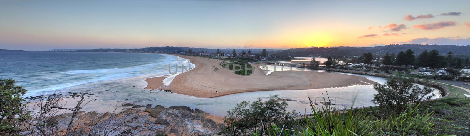 Views from North Narrabeen Head with Narrabeen lakes entrance and Narabbeen beach at sunset.  Panorama.  Note motion in leaves.