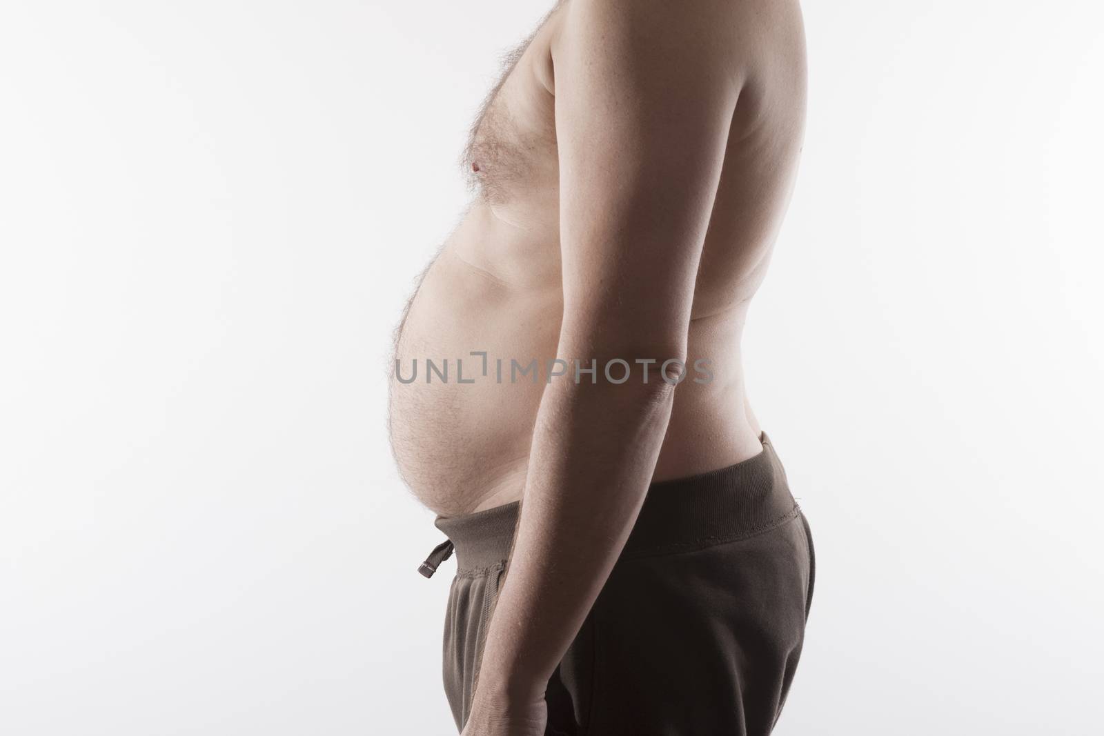 side of fat man top nude on white background