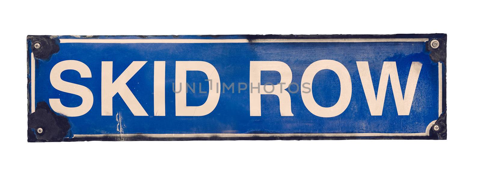 Isolated Grungy Blue Vintage Skid Row Street Sign