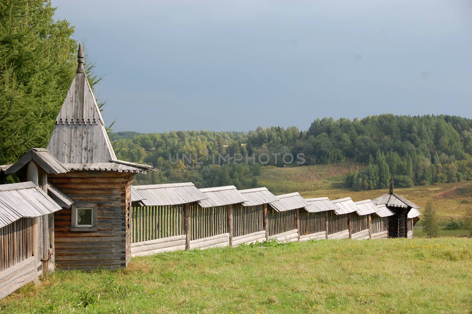 Wall at museum of wooden architecture, Malye Karely, Arkhangelsk region, Russia