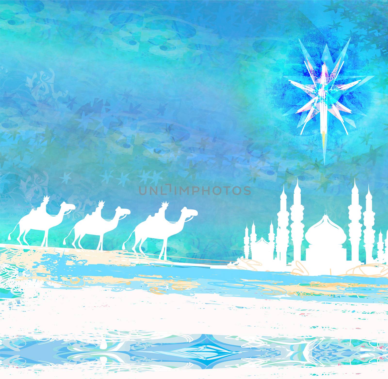 Classic three wise men scene and shining star of Bethlehem