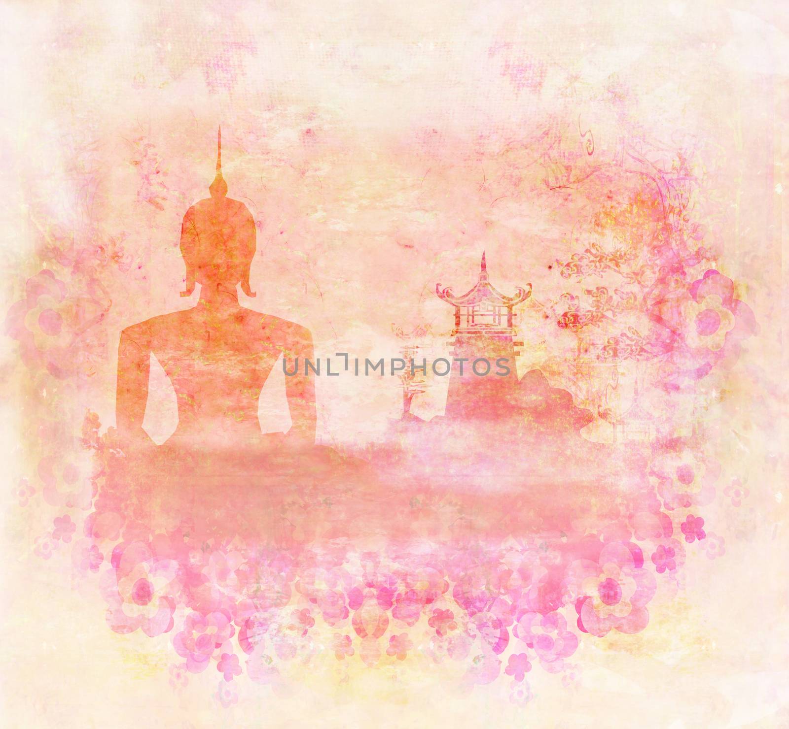 Silhouette of a Buddha,Asian landscape in grunge texture