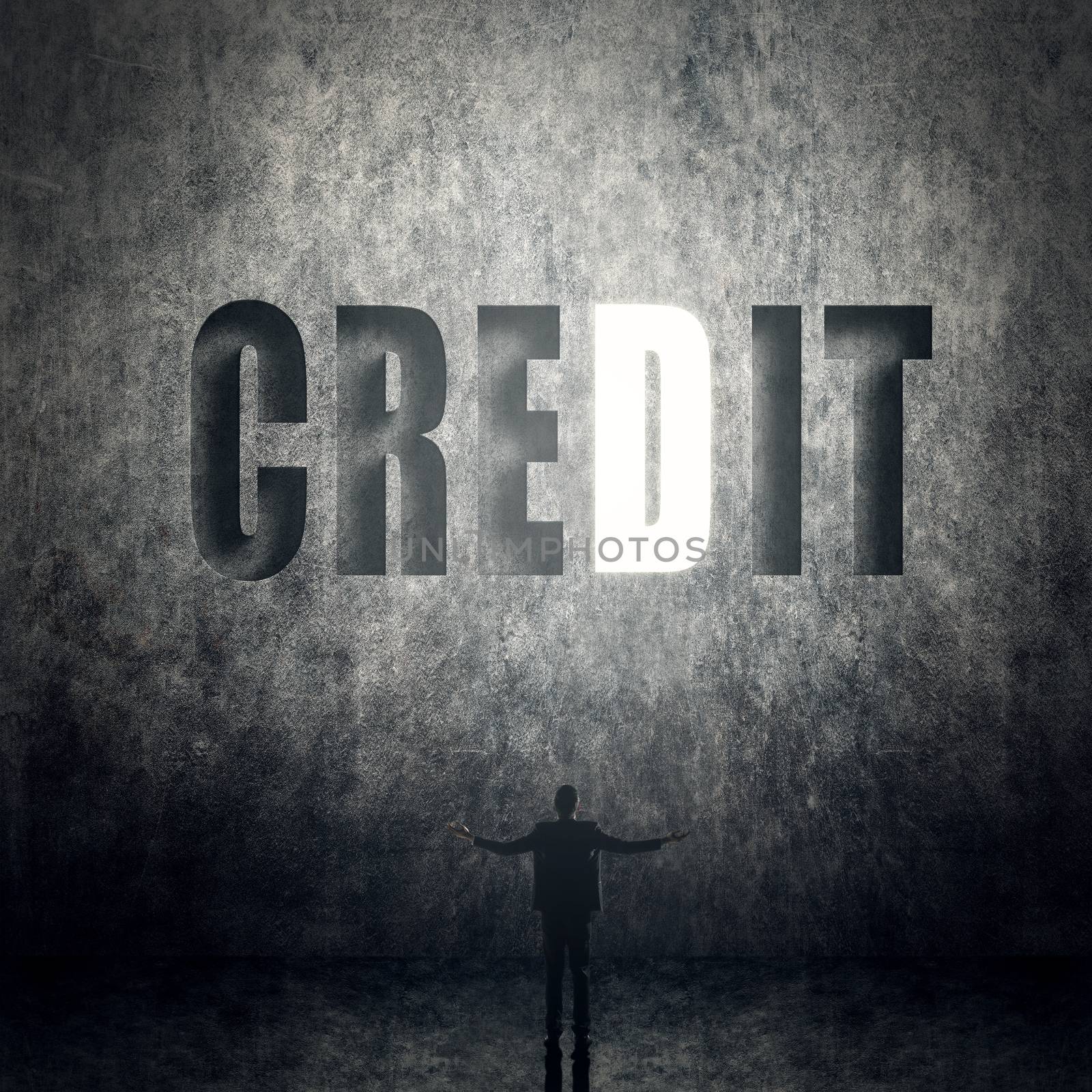 Concept of trust, belief, credit etc, man stand on wall with text.
