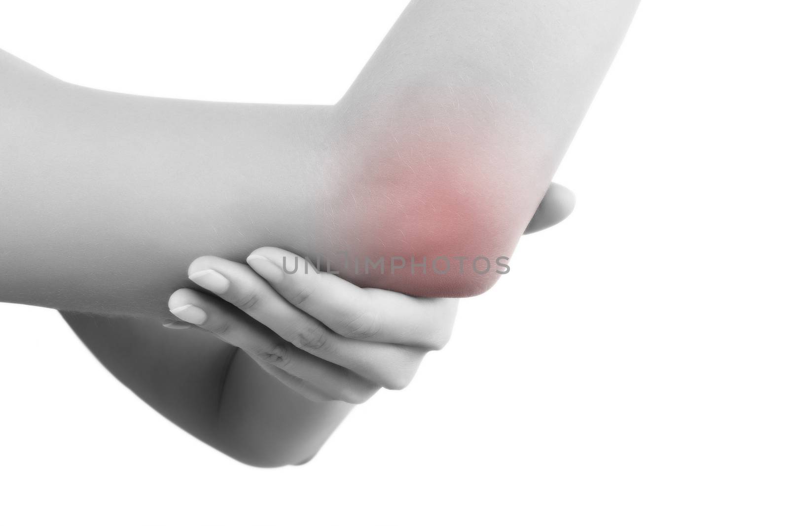 Close up on highlighted pain area, elbow pain. Female hand holding her elbow isolated on white background. Chronic pain concept.