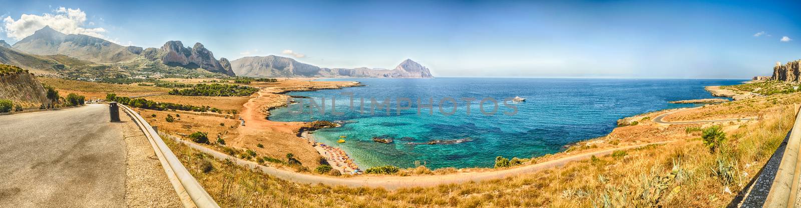 Panoramic View Over Sicilian Coastline and Cofano Mountain by marcorubino