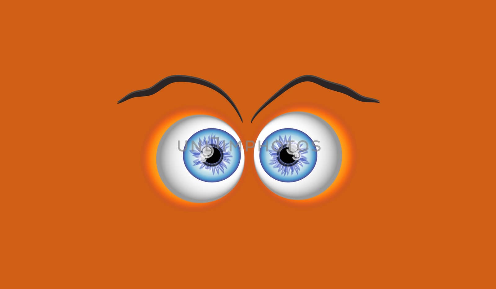 Funny eyes with eyebrows on orange backgound