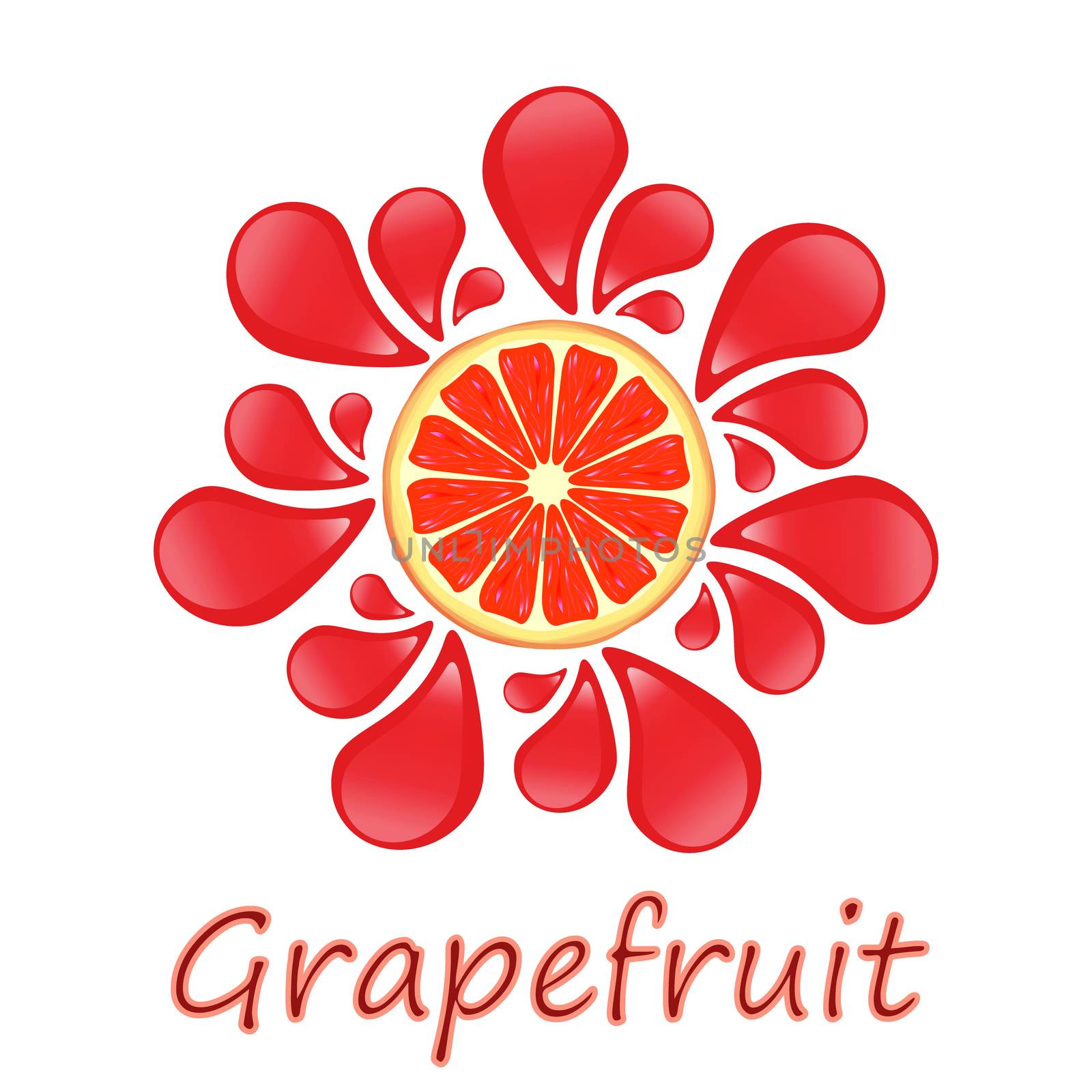 Bright illustration of grapefruit slice with juice drops around
