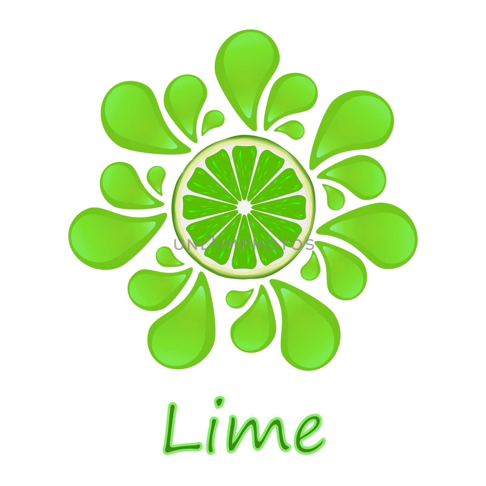 Bright illustration of lime slice with juice drops around