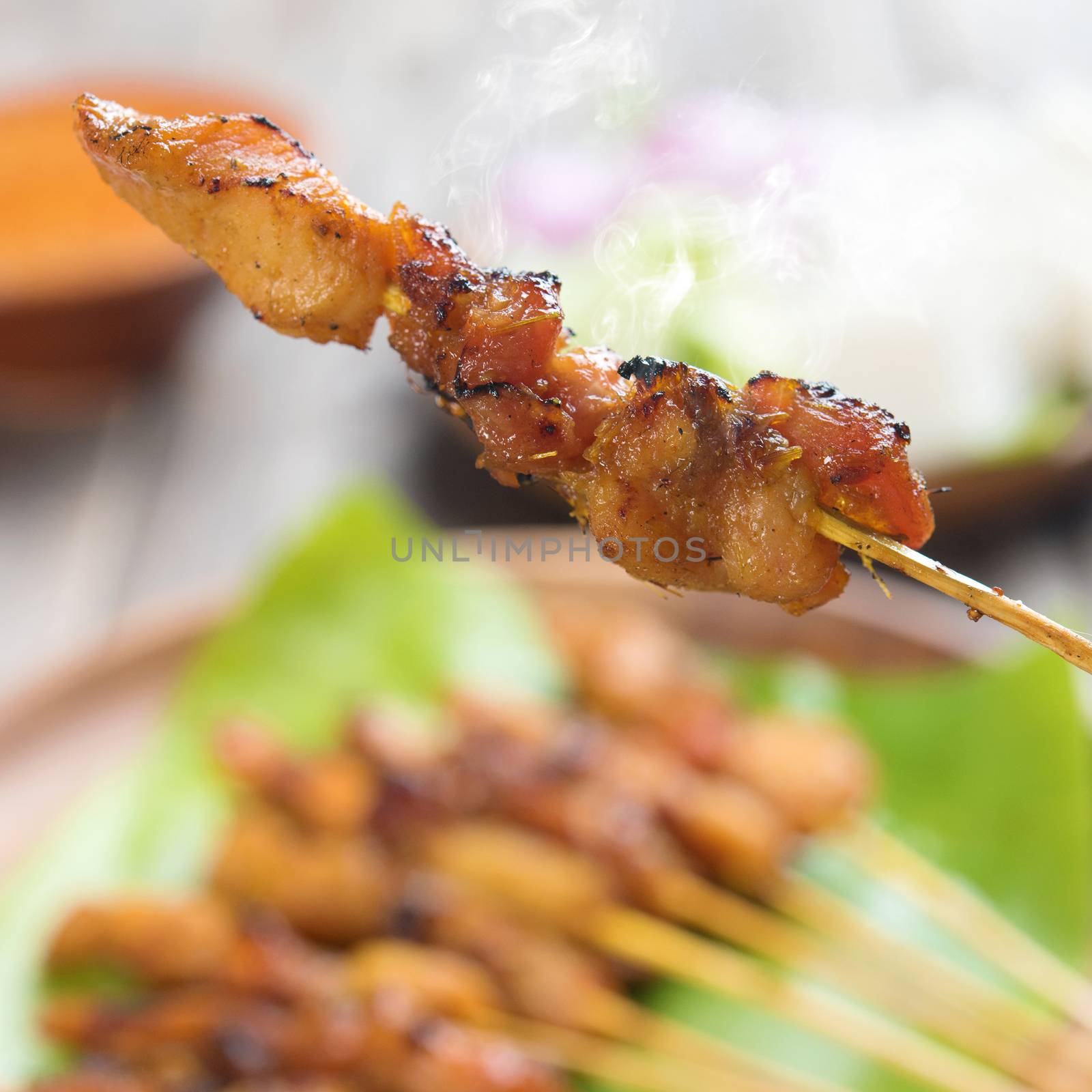 Tasty chicken sate or satay, skewered and grilled meat, served with peanut sauce. Fresh cooked with steamed and smoke. Hot and spicy Asian dish. 