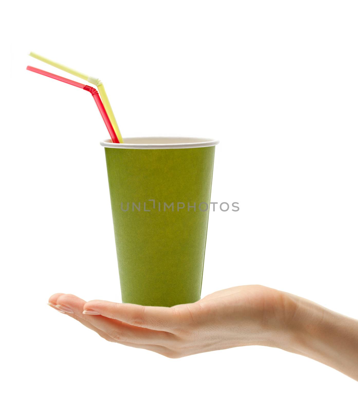 Female hand with paper cup and straws