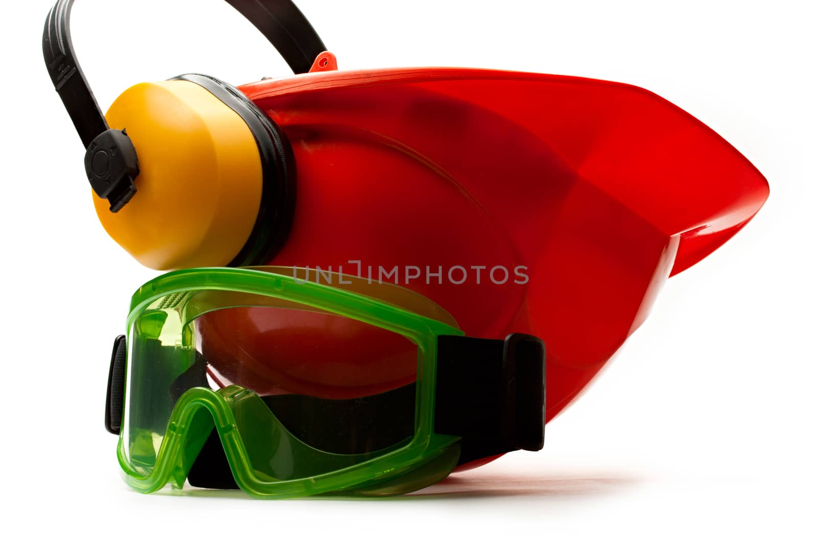 Red safety helmet with earphones and goggles by Garsya