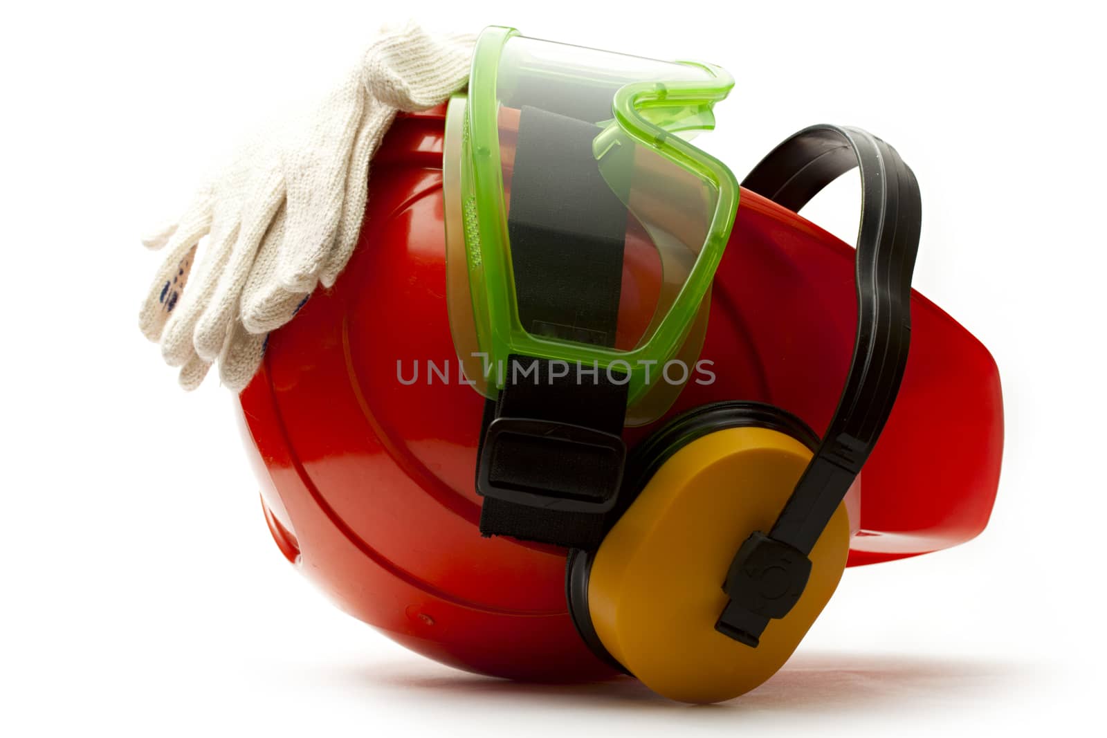 Red safety helmet with earphones, goggles and gloves by Garsya