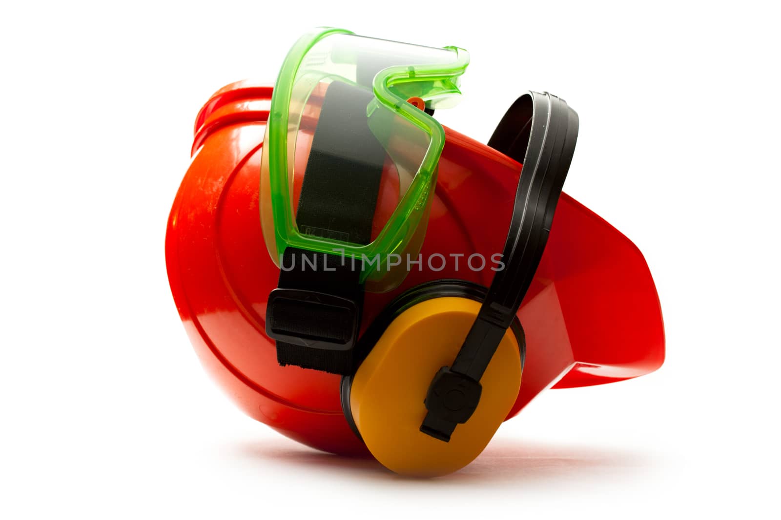 Red safety helmet with earphones and goggles by Garsya