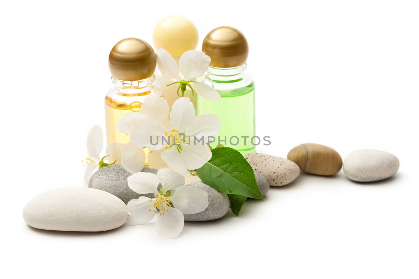 Apple tree flowers, stones and shampoo