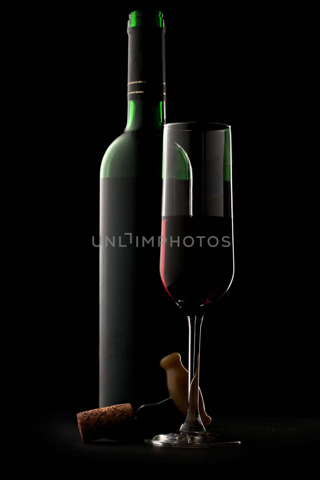Bottle and glass of wine in black by Garsya
